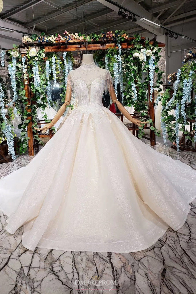 Gorgeous High Neckline Sparkly Wedding Dress with Tassel Beading Appliques