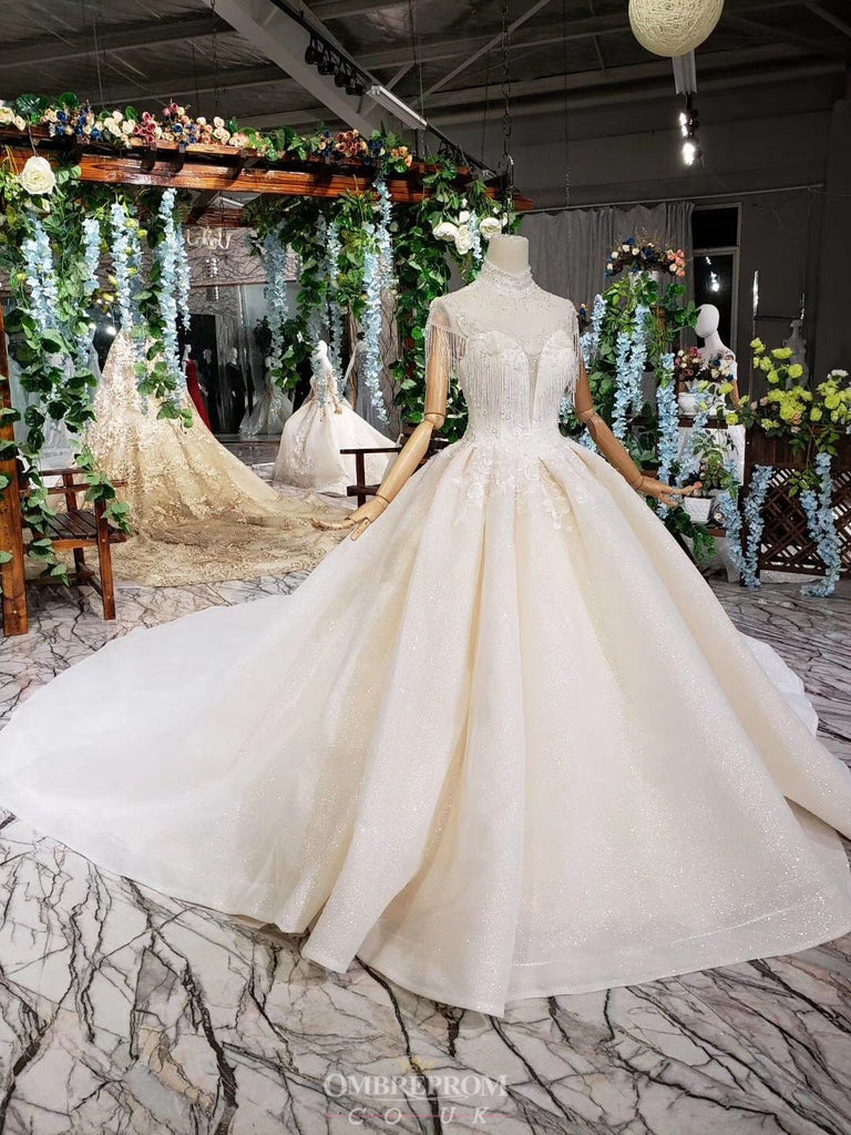 gorgeous high neckline wedding dress with tassel beading appliques dtw64