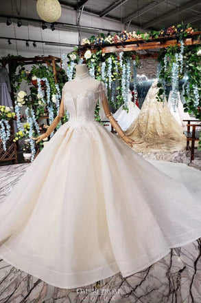 Gorgeous High Neckline Sparkly Wedding Dress with Tassel Beading Appliques