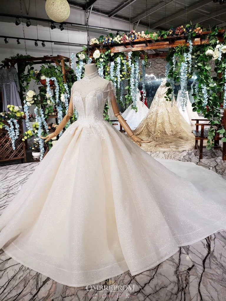 Gorgeous High Neckline Sparkly Wedding Dress with Tassel Beading Appliques