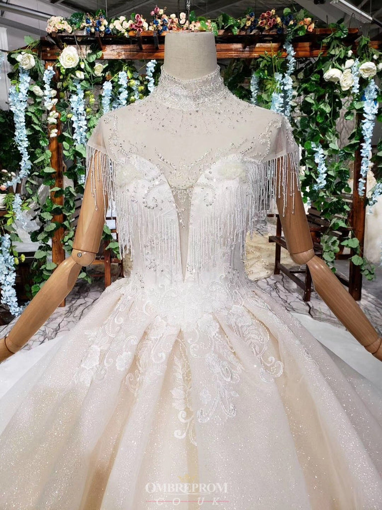 Gorgeous High Neckline Sparkly Wedding Dress with Tassel Beading Appliques