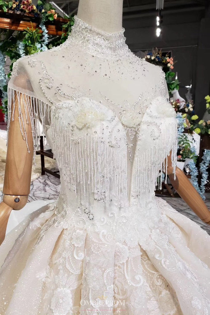 Gorgeous High Neckline Sparkly Wedding Dress with Tassel Beading Appliques