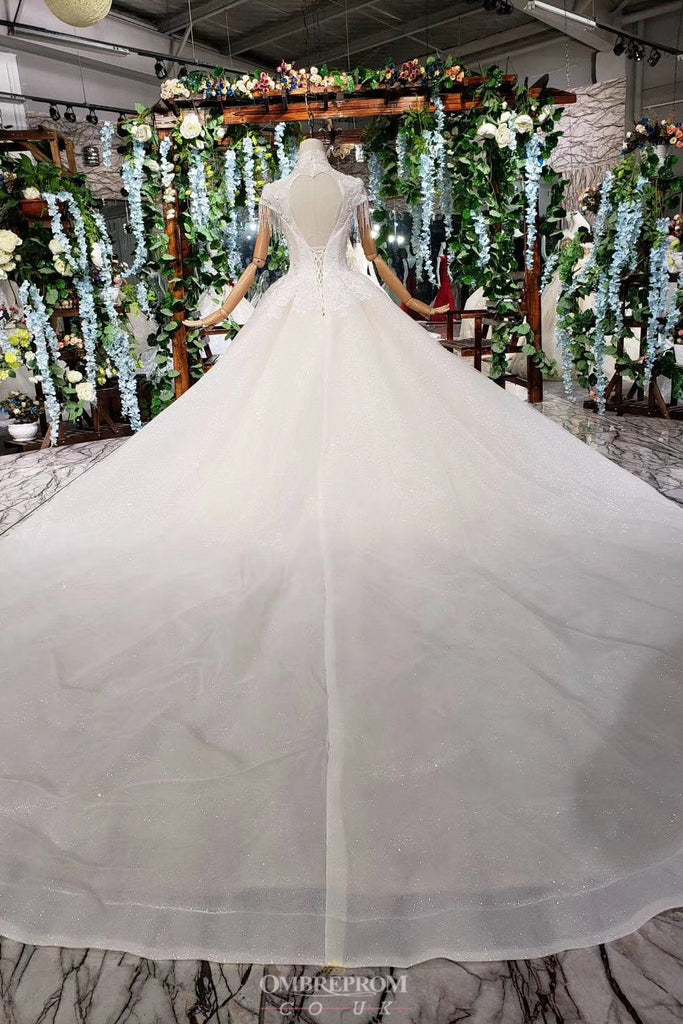 Gorgeous High Neckline Sparkly Wedding Dress with Tassel Beading Appliques