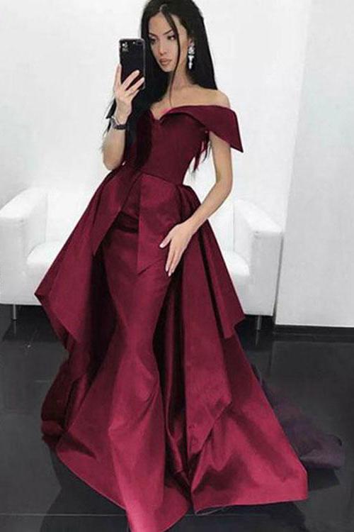 Gorgeous Off The Shoulder Burgundy Prom Dress Overskirt Formal Dress