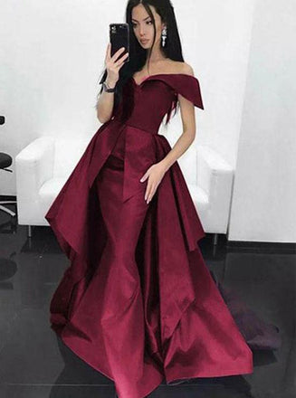 gorgeous off the shoulder burgundy prom dress overskirt formal dress dtp459