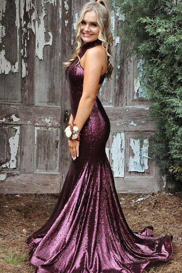 Grape High Neck Sequins Mermaid Prom Party Dress