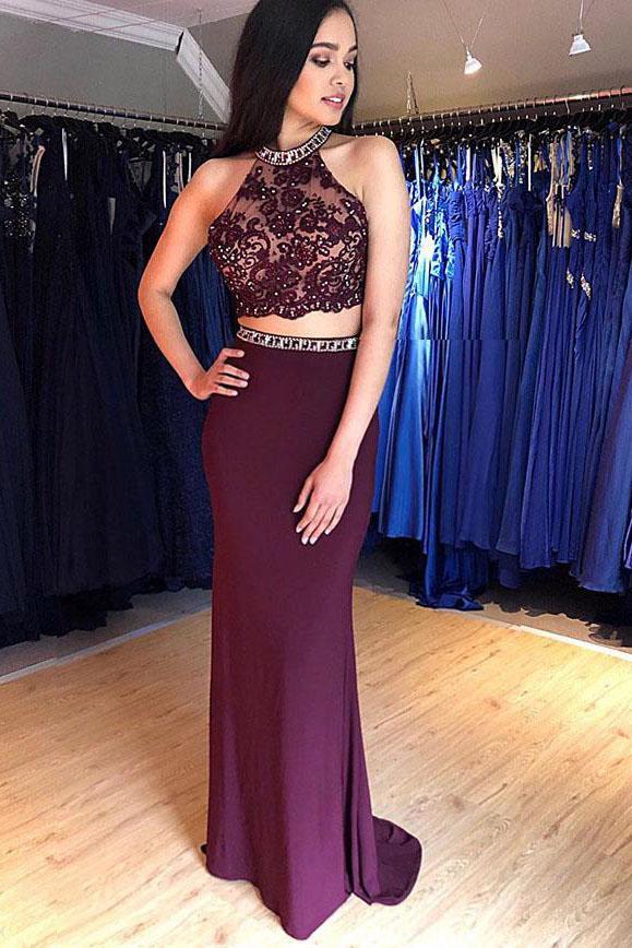 Grape Mermaid Long Two Piece Prom Dress With Beading