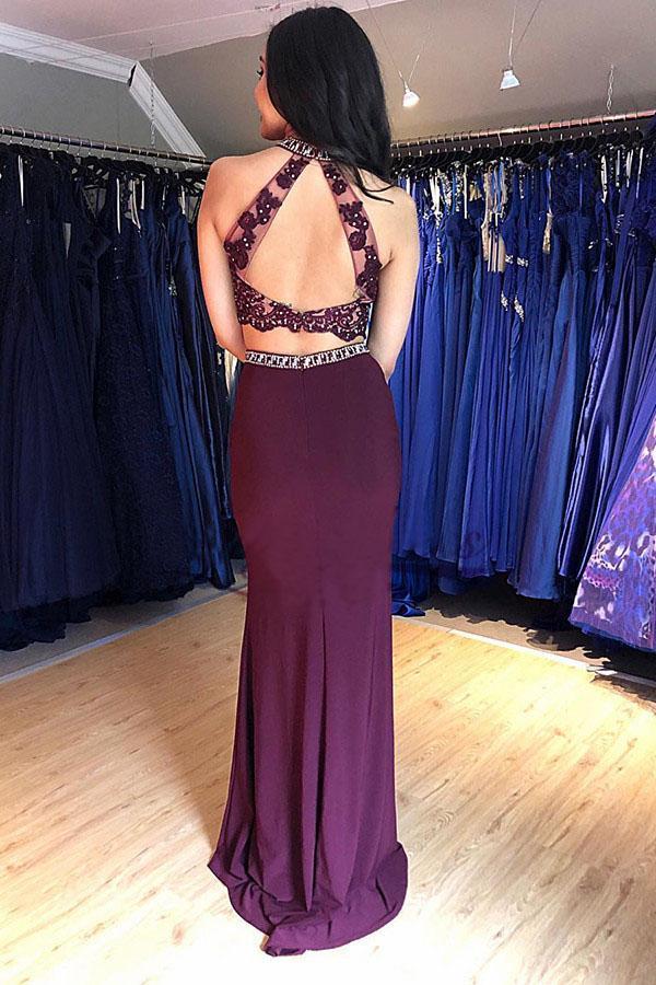 Grape Mermaid Long Two Piece Prom Dress With Beading