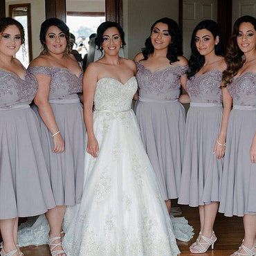 Off-the-shoulder Tea-Length Chiffon Bridesmaid Dresses