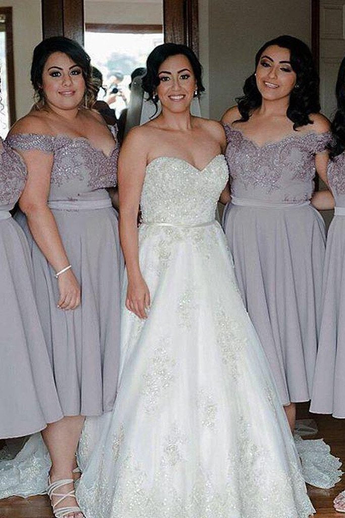 off-the-shoulder tea-length chiffon bridesmaid dresses dtb40
