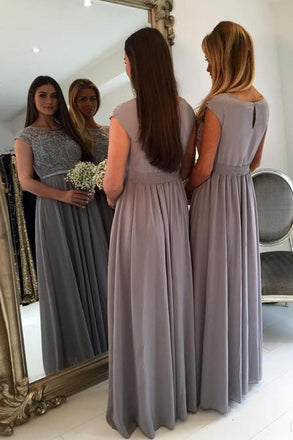 Gray Lace Cap Sleeves Chiffon A Line Long Bridesmaid Dresses