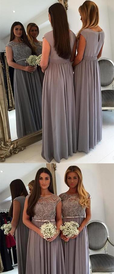 Gray Lace Cap Sleeves Chiffon A Line Long Bridesmaid Dresses