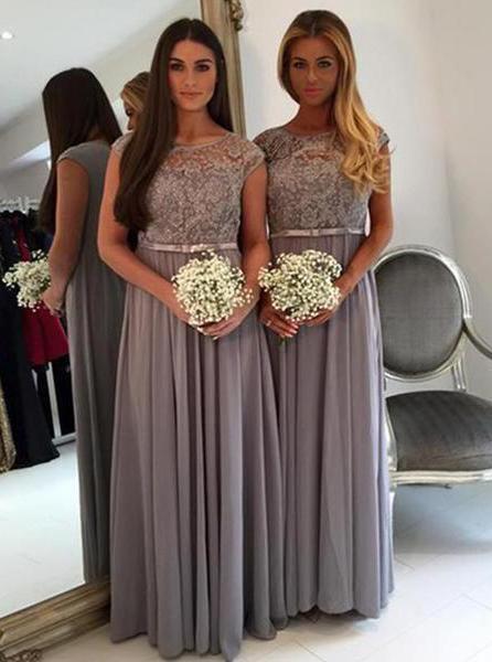 gray lace cap sleeves chiffon a-line long bridesmaid dresses dtb29