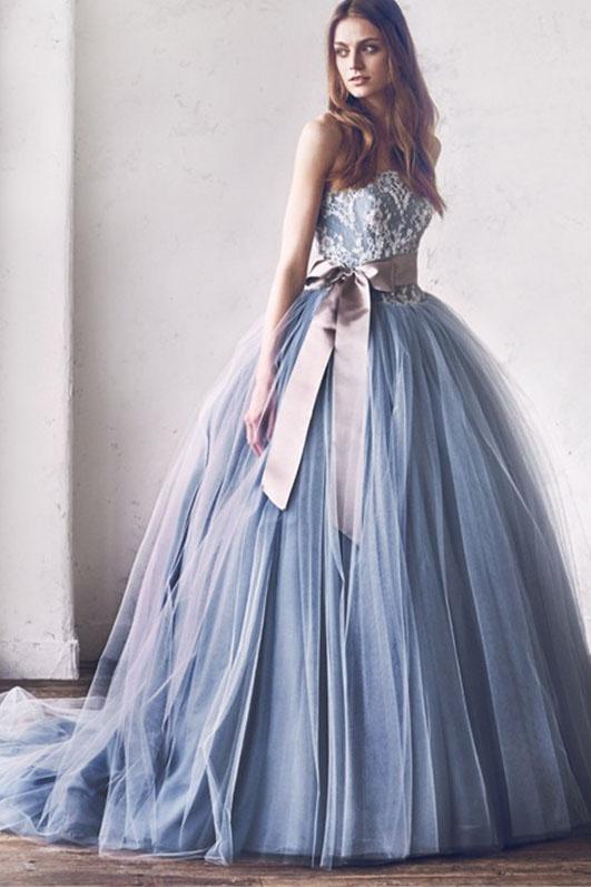 gray lace tulle princess ball gown wedding dress with bowknot dtw140