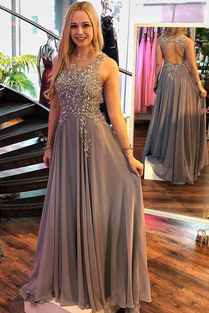 Gray Round Neck Long Chiffon Prom Dress A-Line Open Back With Beading