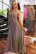 Gray Round Neck Long Chiffon Prom Dress A-Line Open Back With Beading