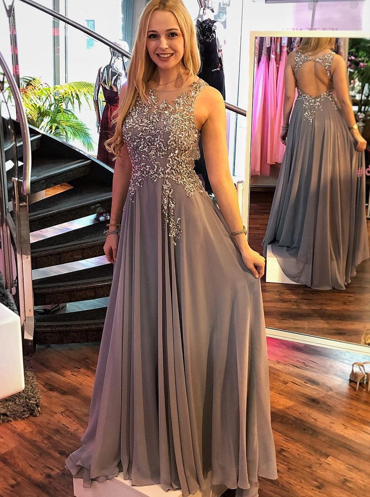 gray round neck long chiffon prom dress a-line open back with beading dtp375