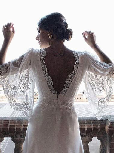 boho half sleeves with lace chiffon beach wedding dress dtw117