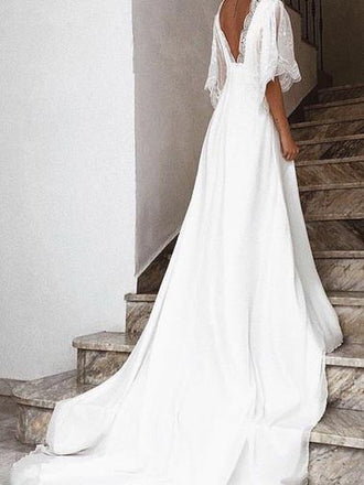 boho half sleeves with lace chiffon beach wedding dress dtw117