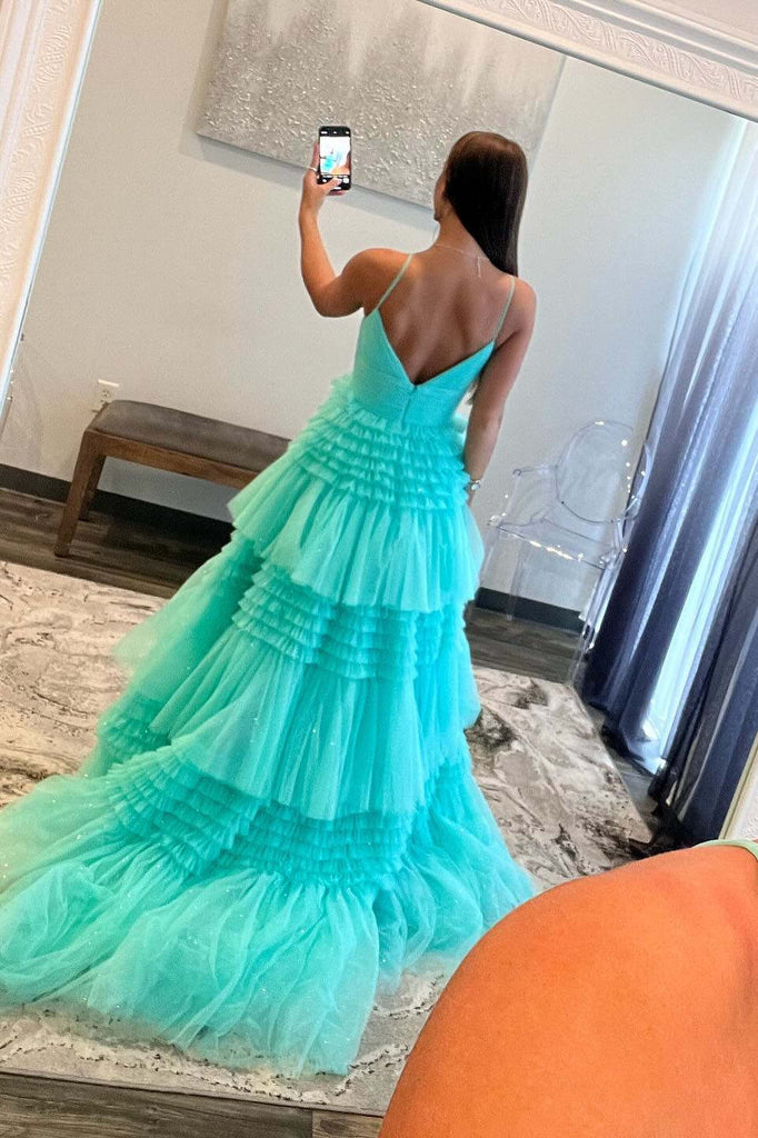 V Neck Aqua Split Tulle Prom Dress With Ruffles, Sleeveless Long Party Gown