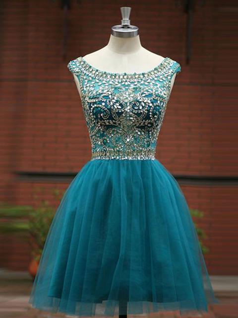 chic v-back tulle beading homecoming dresses with rhinestones dth383