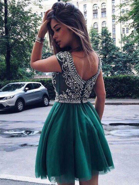 Chic V-Back Tulle Beading Homecoming Dresses With Rhinestones