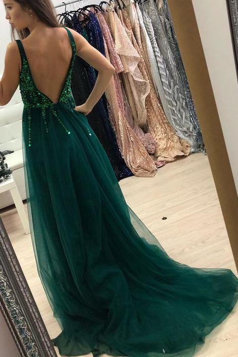 Green Sequins Long Prom Dress Backless A-Line V-neck Tulle with Split