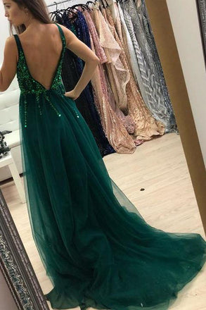 Green Sequins Long Prom Dress Backless A-Line V-neck Tulle with Split