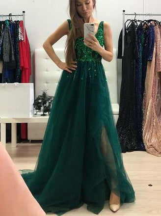 green sequins long prom dress backless a-line v-neck tulle with split dtp403