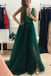 Green Sequins Long Prom Dress Backless A-Line V-neck Tulle with Split