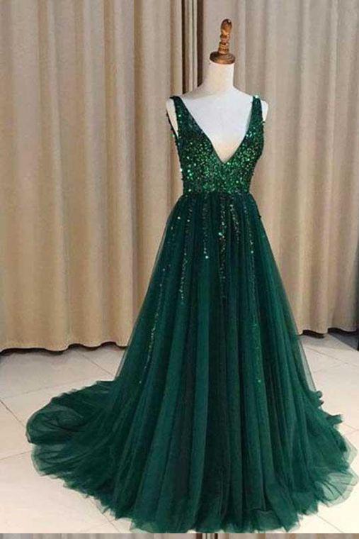 Green Sequins Long Prom Dress Backless A-Line V-neck Tulle with Split