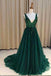 Green Sequins Long Prom Dress Backless A-Line V-neck Tulle with Split