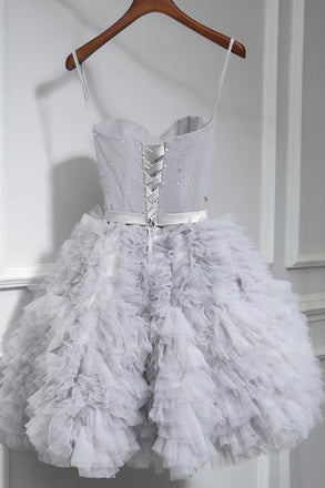 Grey Cute Sweet 16 Gown Spaghetti-straps Beaded Short/Mini Party Dress
