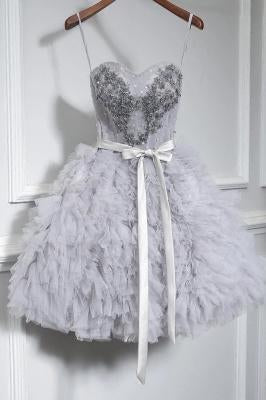 Grey Cute Sweet 16 Gown Spaghetti-straps Beaded Short/Mini Party Dress