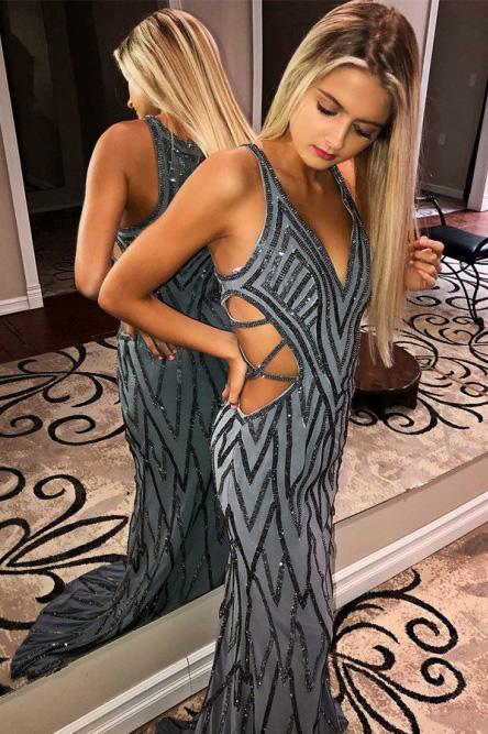 Grey Mermaid Sequins Long Prom Dress Sexy Cut Out Evening Dress