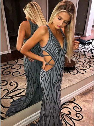 grey mermaid sequins long prom dress sexy cut out evening dress dtp441