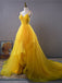 V Neck Yellow High Low Sleeveless Long Prom Dress With Beading