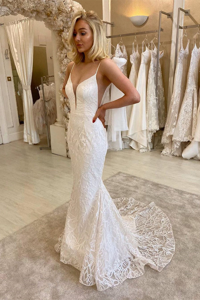 Lace Spaghetti Backless Mermaid Sequin Wedding Dresses, Detachable Long Bridal Gown