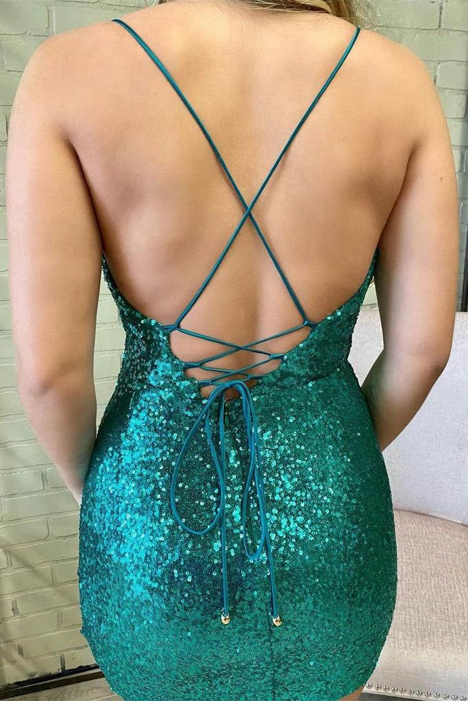 Cowl Neck Green Sequins Bodycon Party Dress Backless Sparkly Homecoming Dress