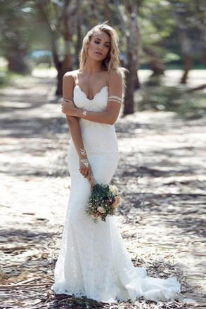 backless lace wedding dresses v neck spaghetti mermaid wedding dress dtp405