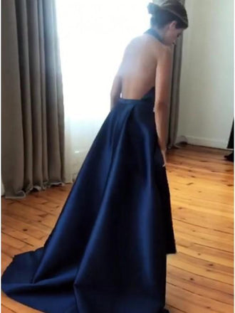 royal blue halter satin backless long prom dress with slit dtp236
