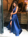 royal blue halter satin backless long prom dress with slit dtp236