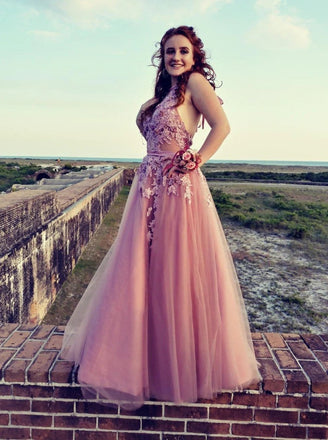 halter skin pink lace appliques tulle long formal prom dress dtp640