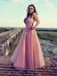 Halter Skin Pink Lace Appliques Tulle Long Formal Prom Dress