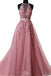 Halter Skin Pink Lace Appliques Tulle Long Formal Prom Dress