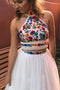 Halter Two Piece Sweet 16 Dress Embroidery Appliques Long Prom Dress