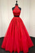 halter two piece tulle red long prom dress with beaded appliques dtp83