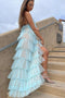 Halter Neck Tiered Tulle Long Prom Dresses, Sling Mesh Bridesmaid Dress