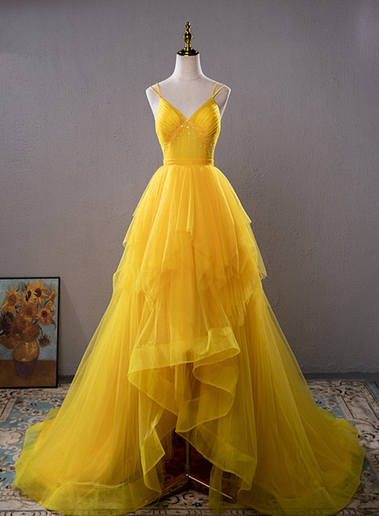 V Neck Yellow High Low Sleeveless Long Prom Dress With Beading