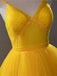 V Neck Yellow High Low Sleeveless Long Prom Dress With Beading